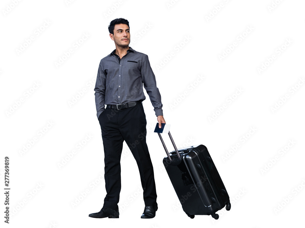 Young businessman dragging luggages isolated on white background - Business and traveling concepts Young businessman dragging luggages isolated on white background - Business and traveling concepts