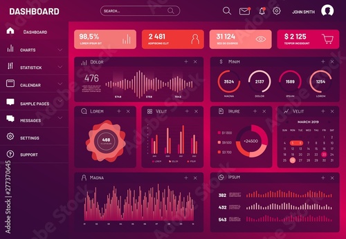 Web UI UX application data infographic. Flat dashboard template with daily statistics graphs, network management data screen with charts and diagrams. Vector user interface illustration