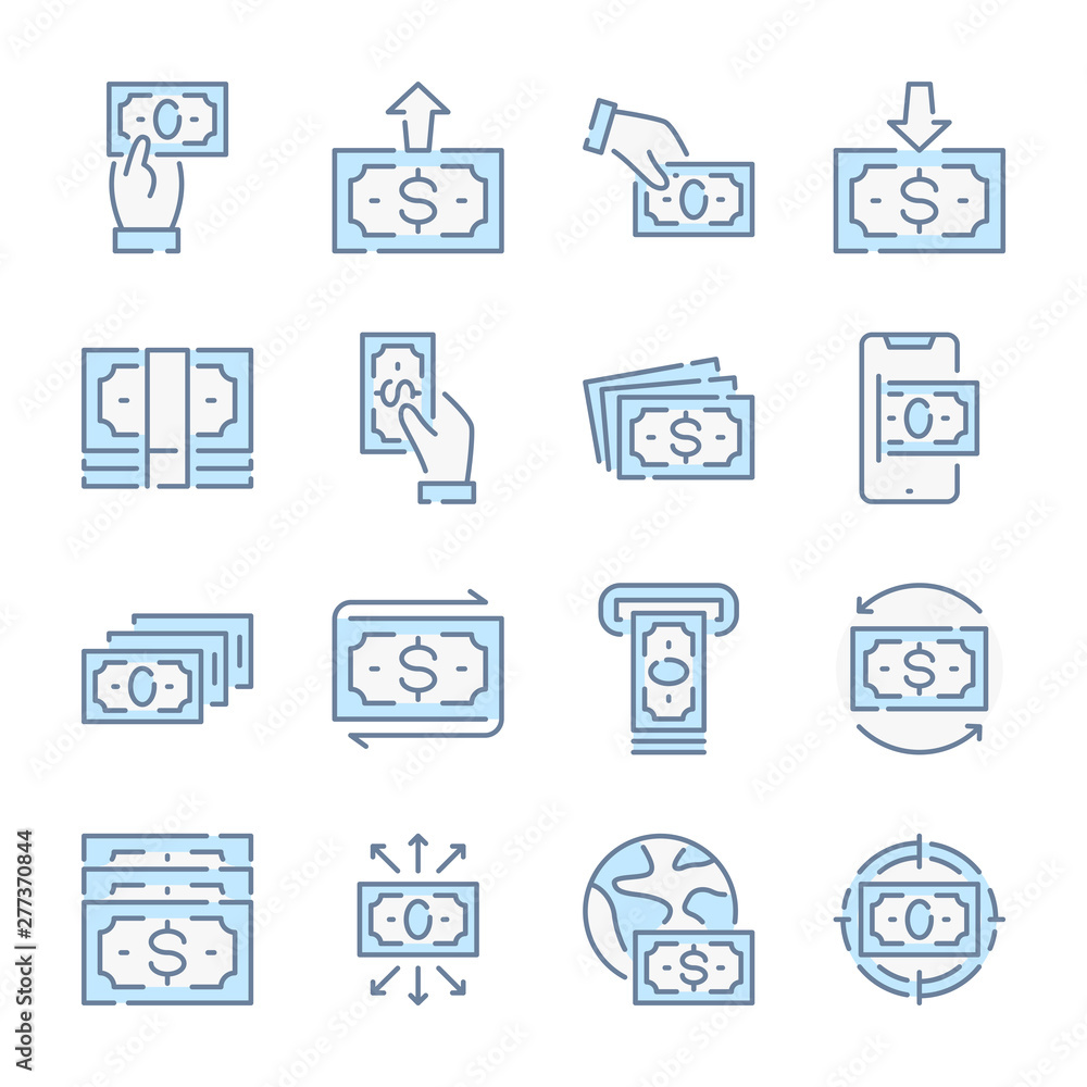 Money, Dollar and Banking related blue line colored icons.