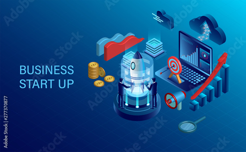 banner with business start up concept. digital marketing. business success goal. isometric. illustration cartoon vector