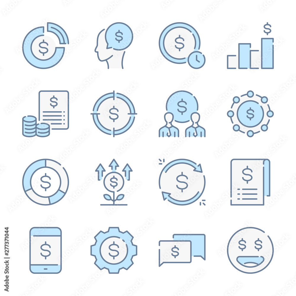 Funds, Savings and Income related blue line colored icons. Funds, Savings and Income related blue line colored icons.