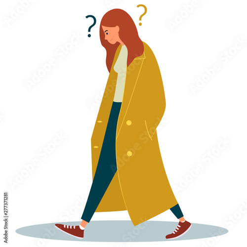 A thinking woman with a question mark is walking down the street.. Puzzled young girl.Surprised young woman. Vector illustration on white background.