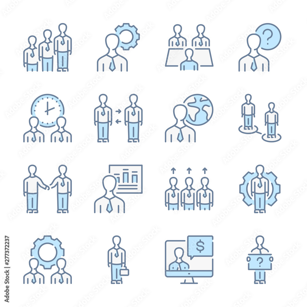 Business people, Meeting and appointment related blue line colored icons.