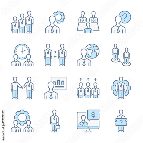 Business people, Meeting and appointment related blue line colored icons.