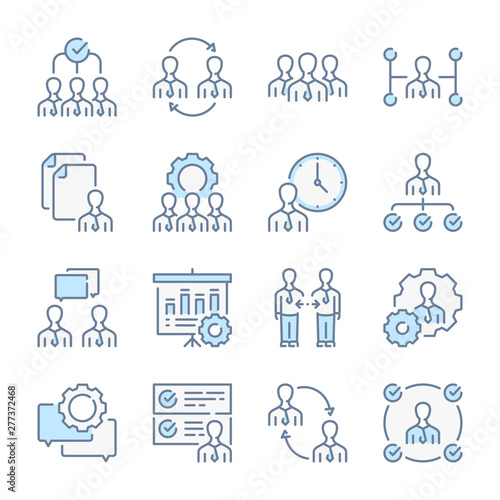 Human resources, Head hunting and Management related blue line colored icons.