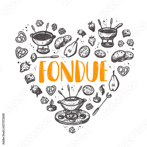 Fondue. Shape of a heart. Traditional swiss dish. Hand drawn vector illustration. Can be used for farmers market, food festival, menu, cafe, restaurant, bar, poster, banner, emblem, sticker, logo