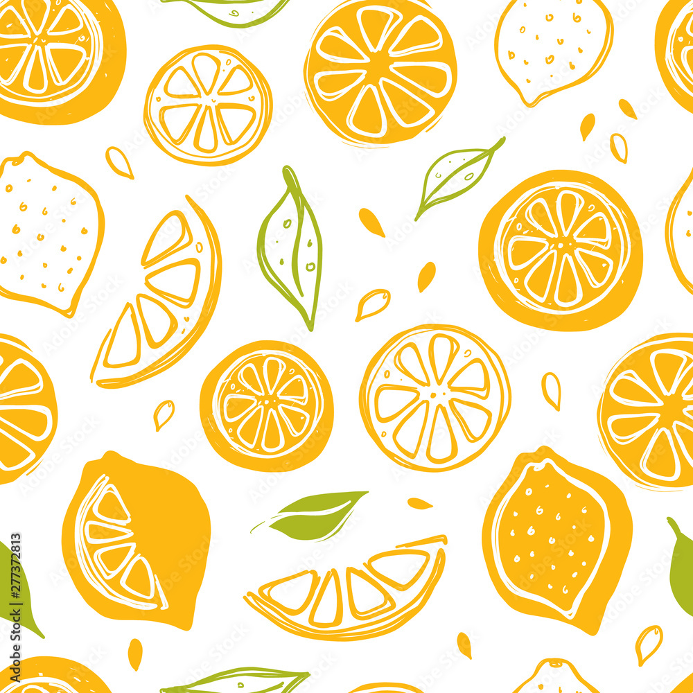 Seamless pattern with lemon. Whole, half, sliced, bitten. Hand drawn vector illustration for wrapping paper, decorative fabric, print, wallpaper, shop, menu, market, cafe, restaurant Seamless pattern with lemon. Whole, half, sliced, bitten. Hand drawn vector illustration for wrapping paper, decorative fabric, print, wallpaper, shop, menu, market, cafe, restaurant