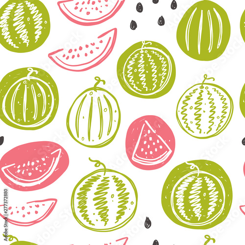 Seamless pattern with watermelon. Whole, half, sliced, bitten. Hand drawn vector illustration for wrapping paper, decorative fabric, print, wallpaper, shop, menu, market, cafe, restaurant