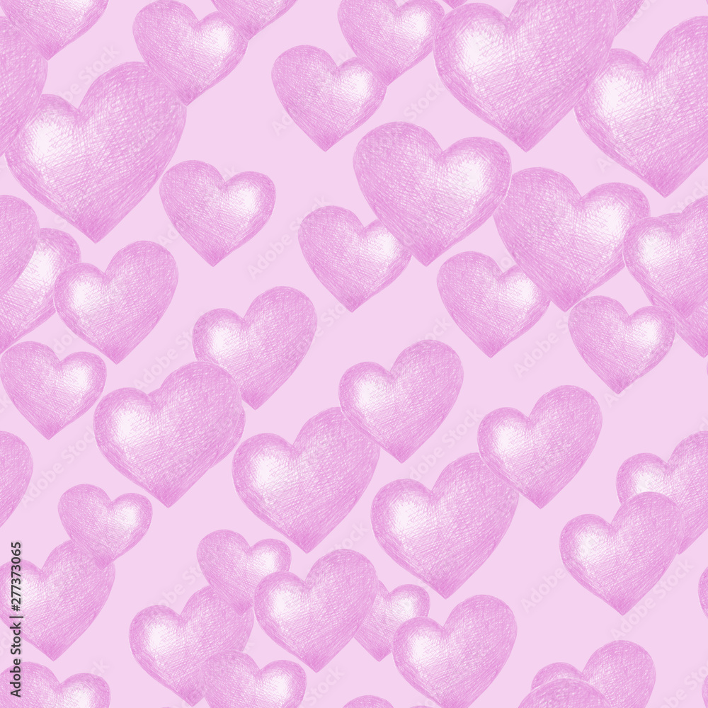 Pink background. Seamless pattern with hearts.