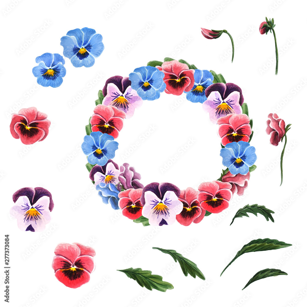 Single flowers, leaves, garland of colorful pansies isolated on a white background. 