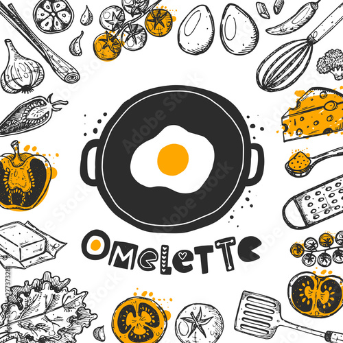 Omelette. Scrambled eggs. Logo, icon and label. Hand-lettering phrase. Vector illustration for menu, shop, truck, restaurant, cafe, bar, poster, breakfast, banner, sticker, placard