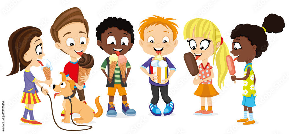 Group of cheerful kids with ice cream in their hands on a white background.