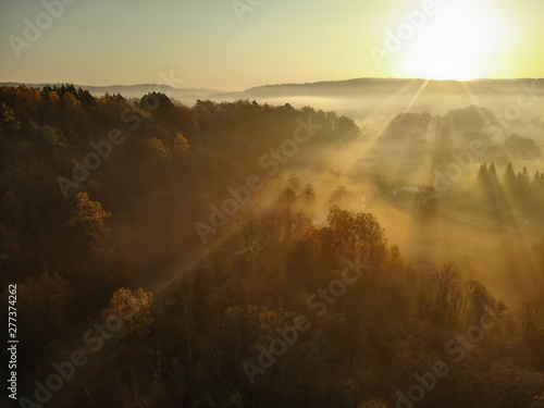 Beautiful foggy forest scene in autumn with orange and yellow foliage. Aerial early morning view of trees and river.