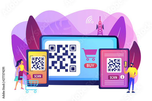 Barcode reading app, qrcode reader epayment transaction application. QR code scanner, QR generator online, QR code payment concept. Bright vibrant violet vector isolated illustration