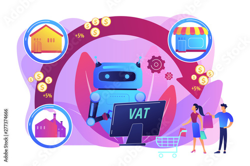 Artificial intelligence, ai calculating taxation multiplier. Value added tax system, VAT number validation, global taxation control concept. Bright vibrant violet vector isolated illustration