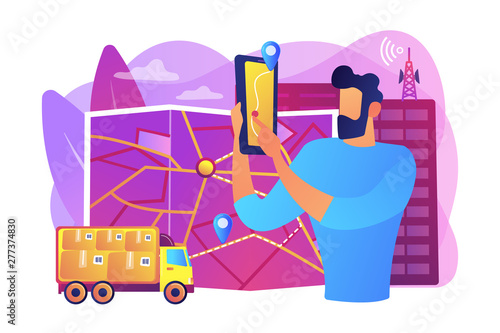 GPS tracker on postal agent truck. Watching delivery in real time. Post service tracking, parcel monitor, track and trace your shipment concept. Bright vibrant violet vector isolated illustration