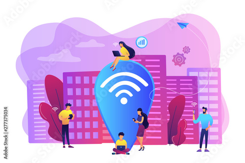 Surfing web, browsing through websites. Free internet, network. Public wi-fi hotspot, free wireless internet access, free wifi service concept. Bright vibrant violet vector isolated illustration