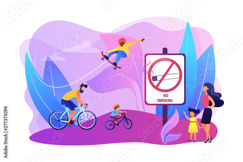 Weekend activities in park. Father riding bicycles with son. Active, healthy hobby. Smoke-free zone, no smoking area, tobacco free facility concept. Bright vibrant violet vector isolated illustration