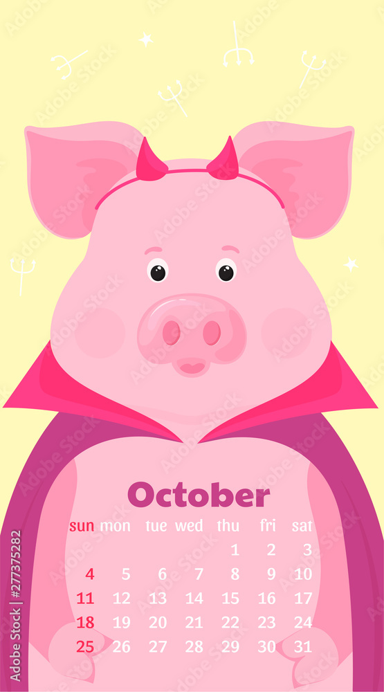 Cute pig in a cloak and horns imp. Halloween costume. Monthly Calendar for October 2020. Week start on Sunday. Funny animal