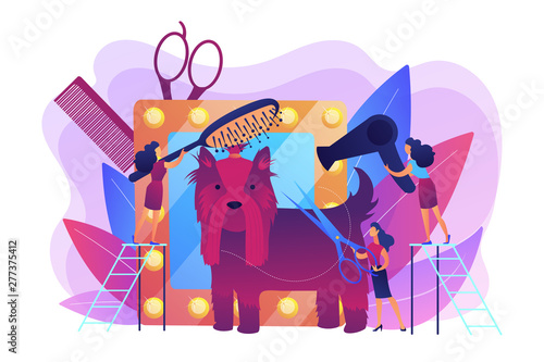 Dog show preparations. Taking care of puppy, bringing to professional groomer. Grooming salon, pet grooming services, pet beauty shop concept. Bright vibrant violet vector isolated illustration
