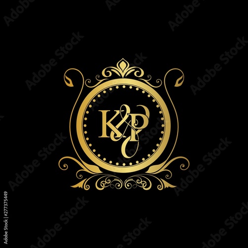 K & P / KP logo initial vector mark. Initial letter K and P KP logo luxury vector mark, gold color elegant classical symmetric curves decor.