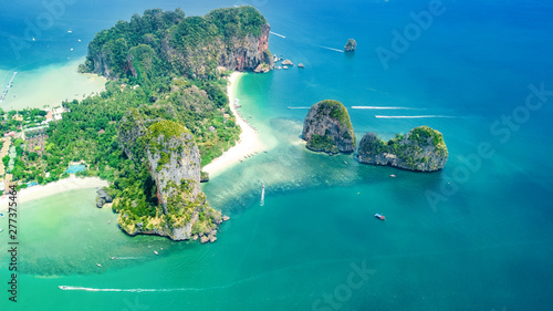 Railay beach in Thailand, Krabi province, aerial view of tropical Railay and Pranang beaches and coastline of Andaman sea from above photo