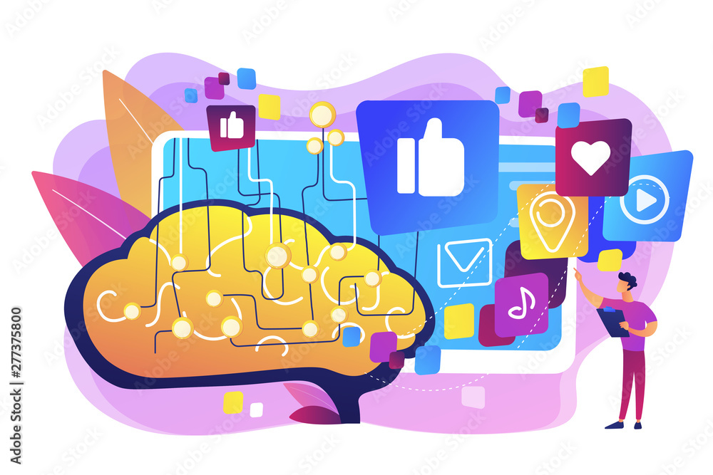 Deep learning algorithm. Artificial intelligence control of internet. AI in social media, AI content tracking, automated image recognition concept. Bright vibrant violet vector isolated illustration Deep learning algorithm. Artificial intelligence control of internet. AI in social media, AI content tracking, automated image recognition concept. Bright vibrant violet vector isolated illustration
