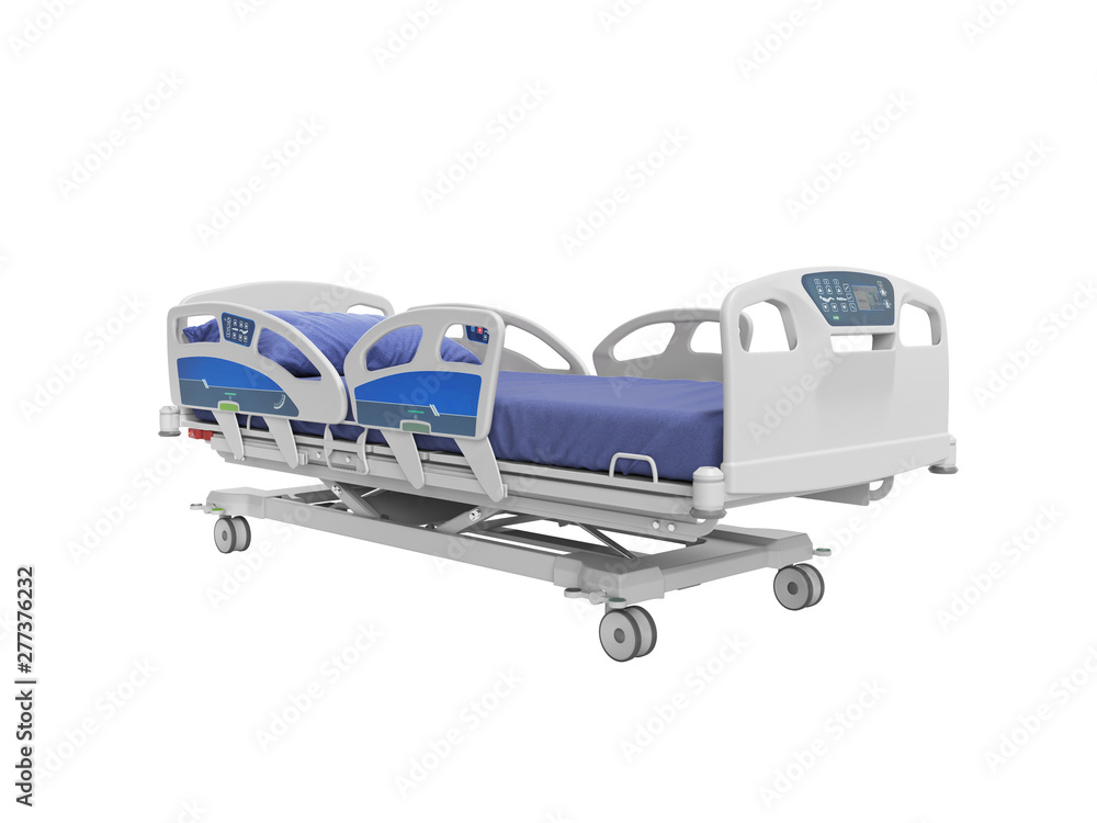 Concept blue hospital bed automatic with control panel on the side and  front 3d render on white background no shadow Stock Illustration | Adobe  Stock