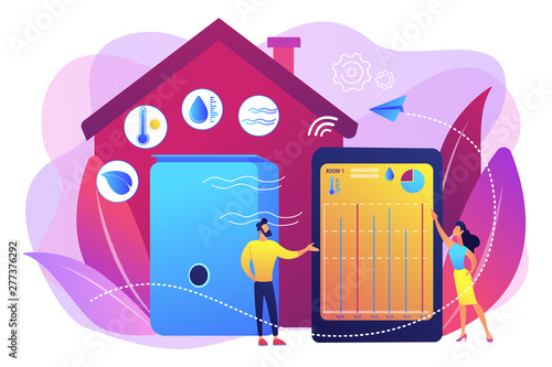 Home automation system, domotics. Air quality monitor, smart home detectors, air filtering system, improve the quality of air concept. Bright vibrant violet vector isolated illustration