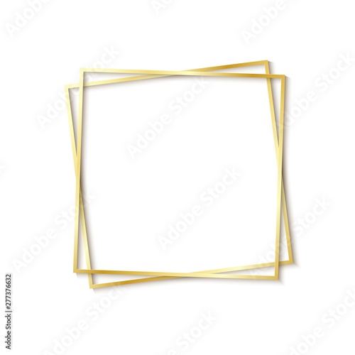 Paper cut gold frame with realistic shadow. Two golden inclined square frames lie one on another. Vector card illustration with place for selling advertising text. 3d banner on white background
