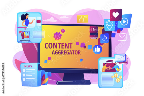 Different data compilation. Collection of media. Content aggregator, best media content here, aggregated content for resale concept. Bright vibrant violet vector isolated illustration