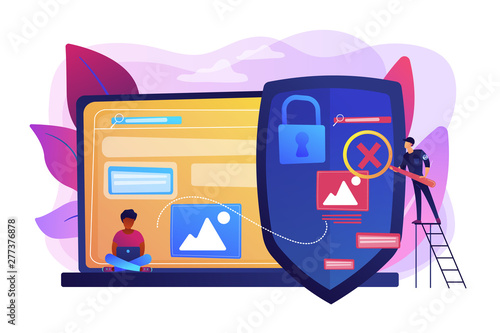 Prohibited, illegal sites, resources. Copyright protection from scamming. Media content control, media use regulations, online media police concept. Bright vibrant violet vector isolated illustration