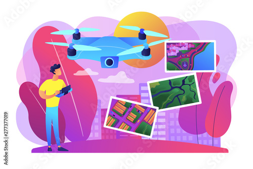 Drone, quadcopter operator, pilot making photos. UAV with camera. Aerial photography, air survey services, drone photo of your event concept. Bright vibrant violet vector isolated illustration