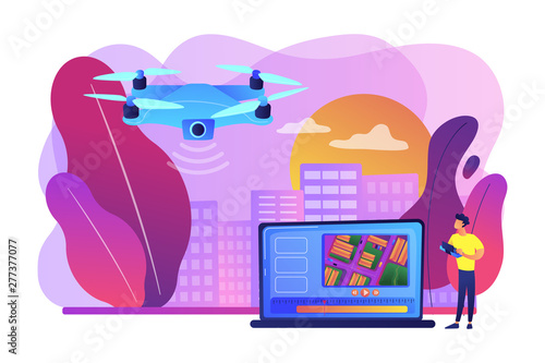 Birds eye view position. Live streaming droning, flight. Aerial videography, professional aerial video, drone inspection service concept. Bright vibrant violet vector isolated illustration