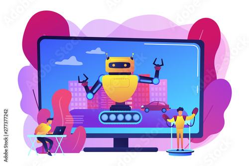 Movie VFX creation software. Real time motion capture program. Special effects design, visual effects production, post production service concept. Bright vibrant violet vector isolated illustration