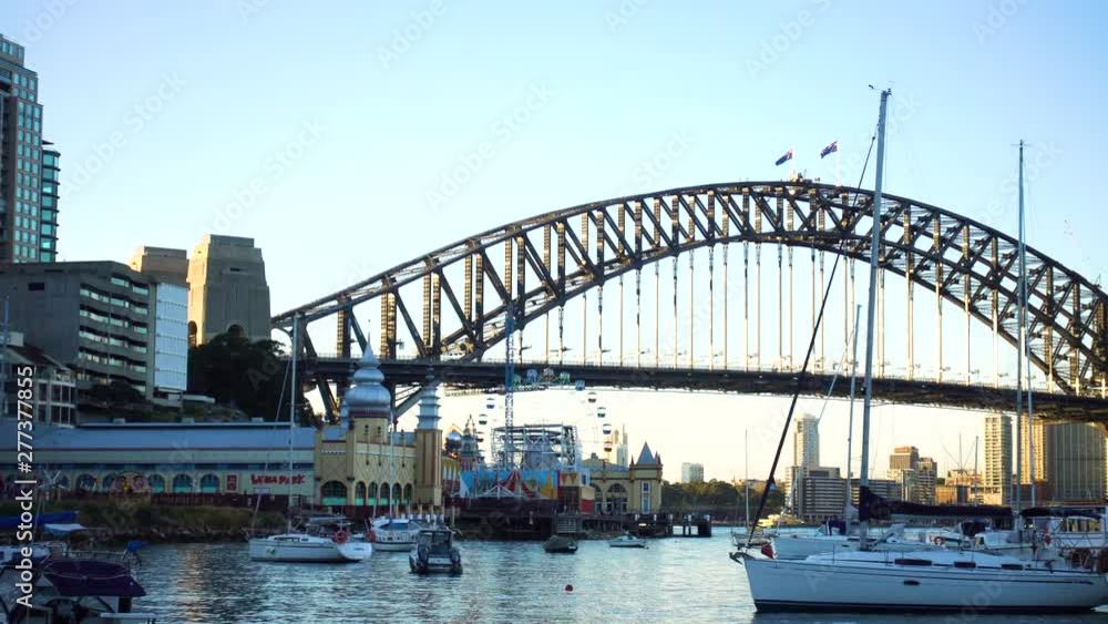 Pan right camera of Sidney`s skyline and the Harbour bridge Pan right camera of Sidney`s skyline and the Harbour bridge