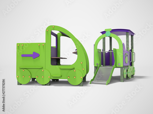 Green purple car and train playground for children with slide 3d render on gray background with shadow photo