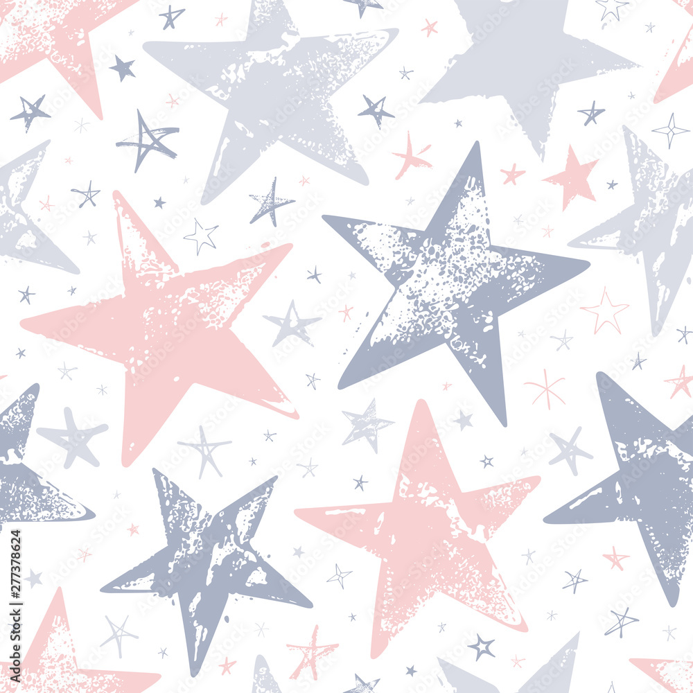 Seamless pattern with pink, gray and blue hand drawn vector stars in doodle style isolated on white background. 
