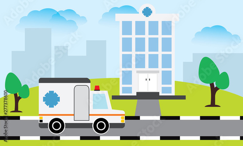  Medical concept with hospital buildings and ambulances in a smooth style