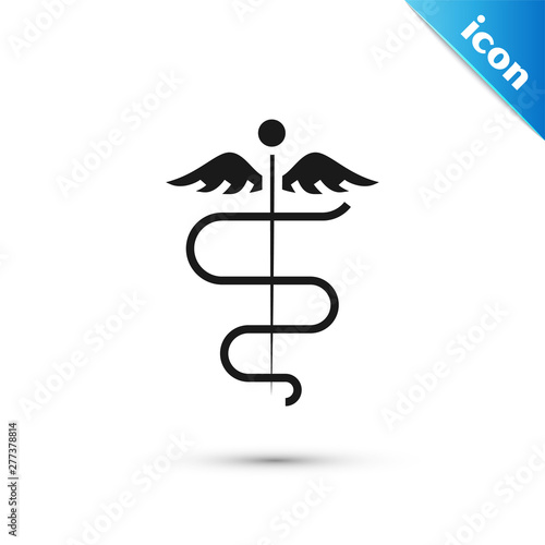 Black Caduceus snake medical symbol icon isolated on white background. Medicine and health care. Emblem for drugstore or medicine, pharmacy. Vector Illustration