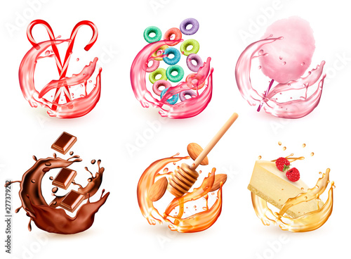 Set of different products flavors in juice splash. Candy lollipops, fruit-flavored cereal, cotton candy, honey and almond, cheescake with respberry, chocolate. Vector icons.