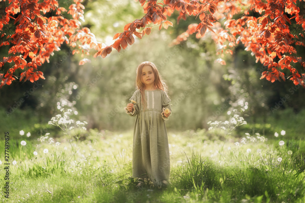 Full Length shot of cute girl holding flower in the hand in the green park - obrazy, fototapety, plakaty 