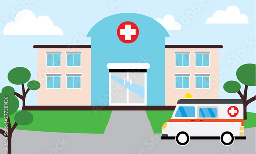  Medical concept with hospital buildings and ambulances in a smooth style