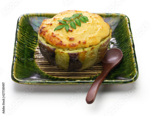 Kamo nasu no Dengaku, baked rounded eggplant with miso paste, traditional japanese kyoto cuisine photo