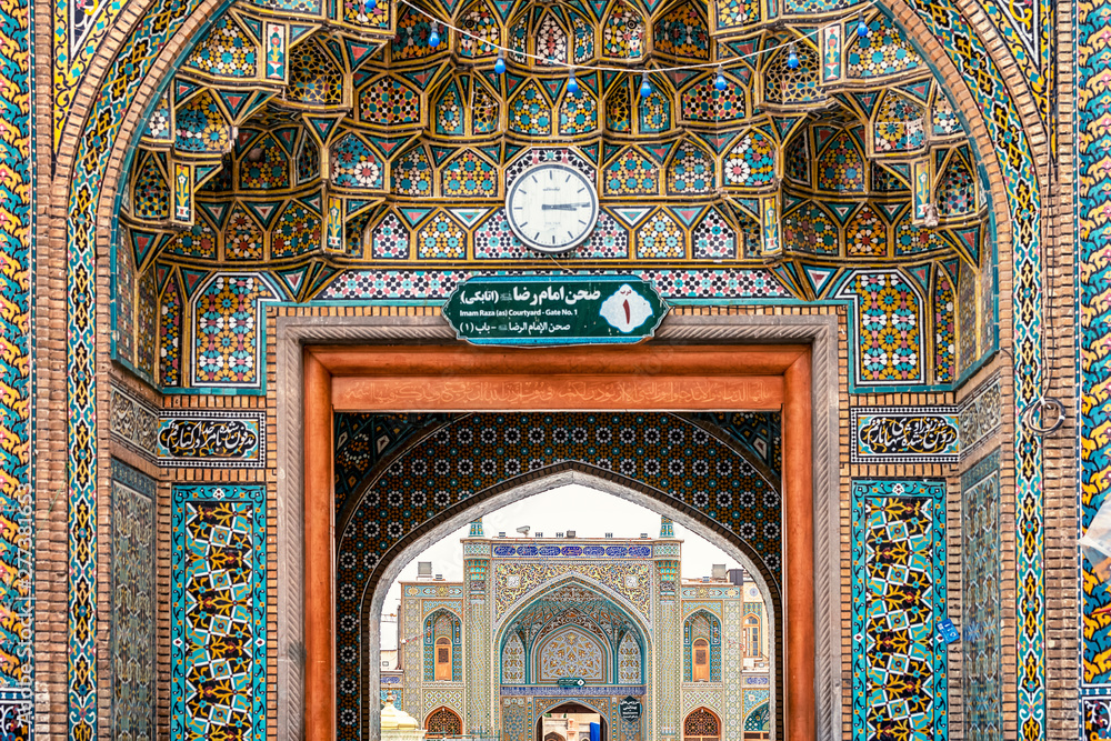 07/05/2019 Qom,.Qom Province.Iran, elements of mosaic and ceramic tile decoration in.The Shrine of Fatima Masumeh, the second most sacred city in Iran after Mashhad.