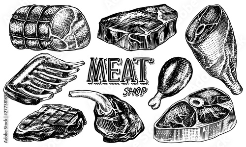 Beef meat, pork steak, chicken leg, meatloaf, bacon and ribs. Barbecue food in vintage style. Templates for restaurant menu, emblems or badges. Hand drawn sketch.