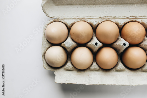 Chicken eggs in cardboard package on white background