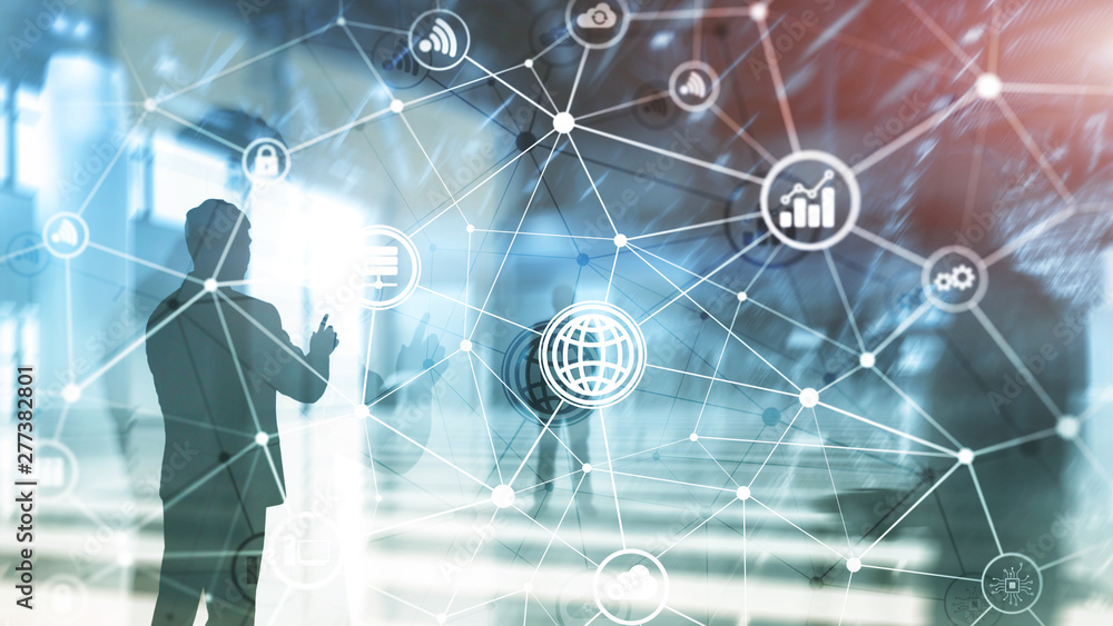 ICT - information and telecommunication technology and IOT - internet of things concepts. Diagrams with icons on server room backgrounds. ICT - information and telecommunication technology and IOT - internet of things concepts. Diagrams with icons on server room backgrounds.