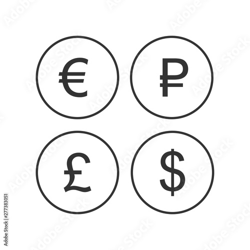 Currency sign, euro, ruble, dollar, pound sterling libra icons isolated on a white background. EUR RUB USD GBP currency abbreviation vector illustration. Money cash sign set