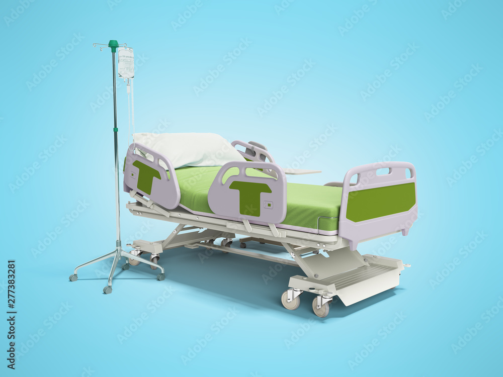 Concept green hospital bed semi automatic with remote control and drip on tripod 3d render on blue background with shadow Concept green hospital bed semi automatic with remote control and drip on tripod 3d render on blue background with shadow